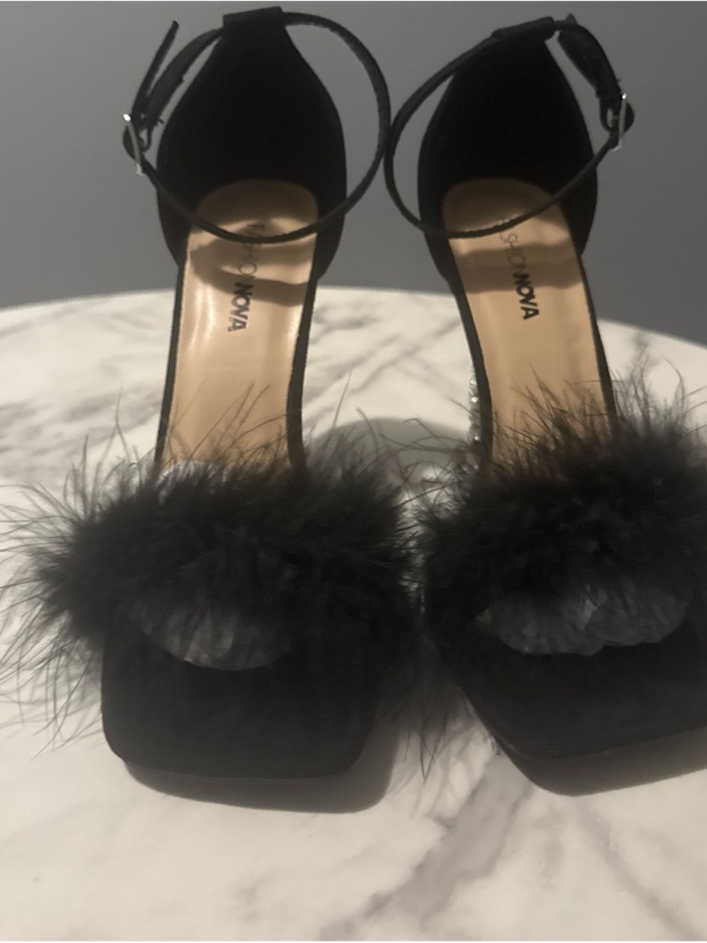 Shoe Dazzle Black Feathery Ankle-Strap Platform Heels